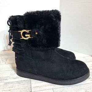 GBG Los Angeles Size 7M Black Faux Fur‎ Lined Winter Ankle Boots Tie Accent